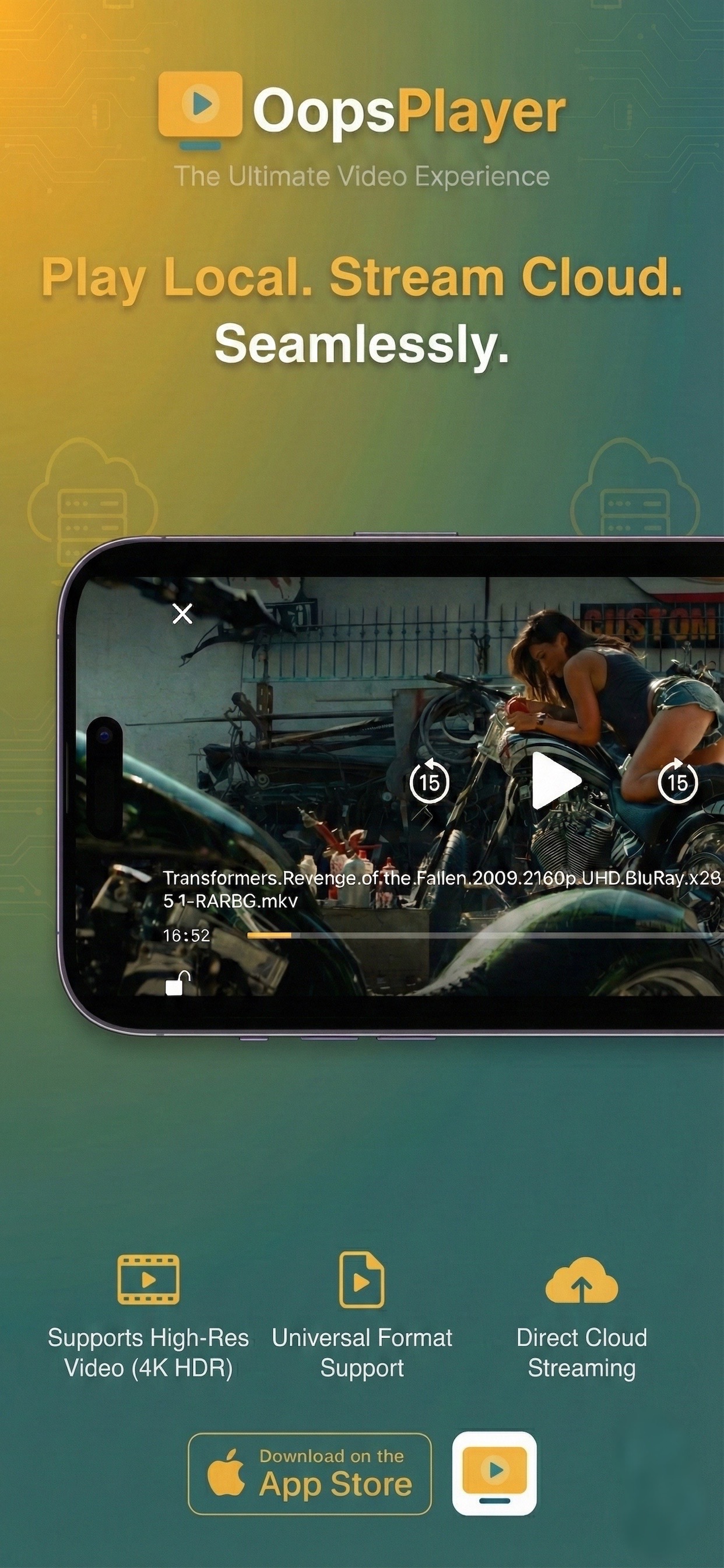 OopsPlayer iPhone player screenshot with 4K HDR playback